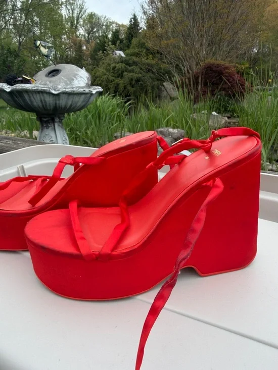 Zara Bright Red Satin Platform Heels - Picture 5 of 10